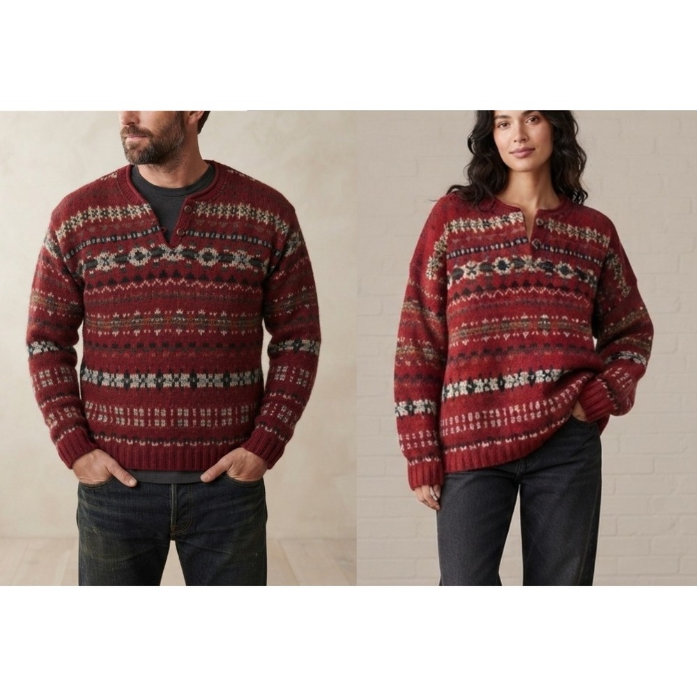 American Portrait Fair Isle Sweater Unisex Small Red Wool Blend Henley Knit USA